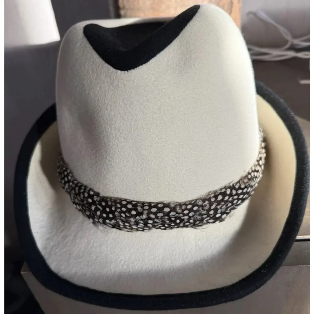 Vintage Oleg Cassini Ivory Felt Fedora Hat Real Feather Band Size 7 7 1/8 - Picture 3 of 5